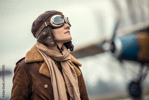 Vintage Aviator with Leather Jacket and Biplane – Retro Pilot Portrait in Outdoor Airfield Setting