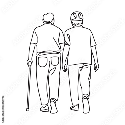 Two People Walking Together in Line Art with Cane and Support