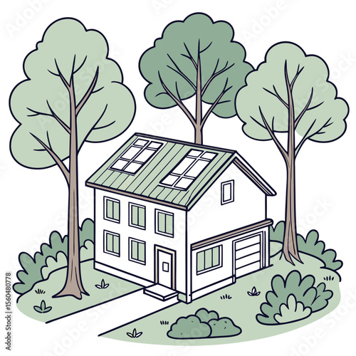 Illustration of a two story house with solar panels on the roof surrounded by trees and bushes in a yard