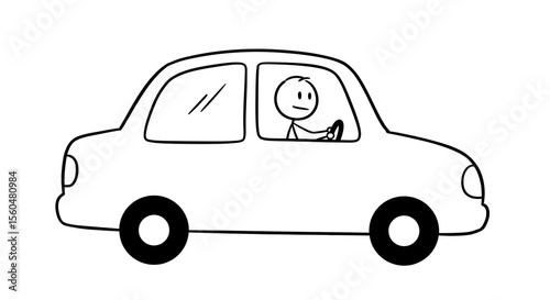 Cartoon stick figure driving car illustration vector graphic design transportation auto vehicle drawing on transparent background