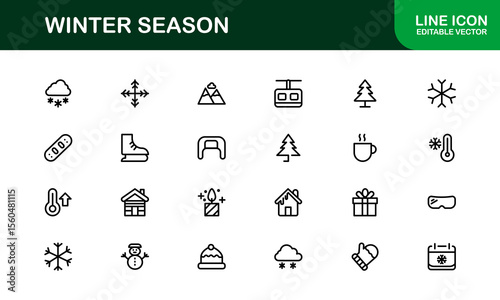 Winter wonderland icons: a modern line icon collection for cozy designs. This unique winter season line icon set offers professional, minimal graphics.