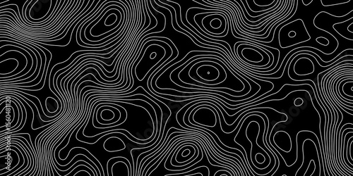 abstract topographic map with white contour lines  and black background depicting abstract terrain and elevation patterns.