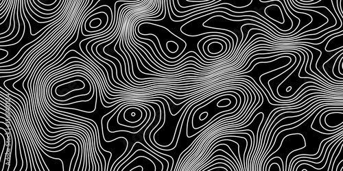abstract topographic map with white contour lines  and black background depicting abstract terrain and elevation patterns.
