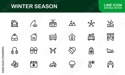 Winter wonderland icons: a modern line icon collection for cozy designs. This unique winter season line icon set offers professional, minimal graphics.