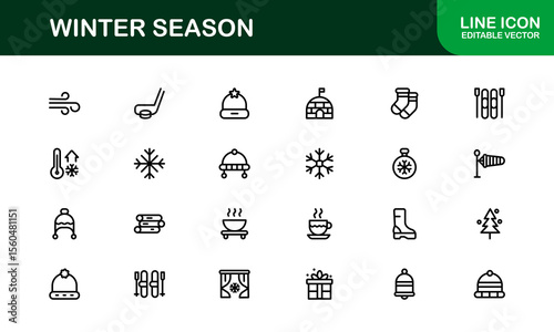Winter wonderland icons: a modern line icon collection for cozy designs. This unique winter season line icon set offers professional, minimal graphics.