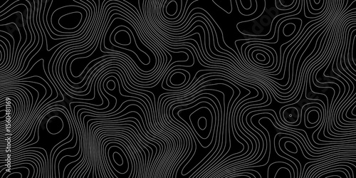 abstract topographic map with white contour lines  and black background depicting abstract terrain and elevation patterns.
