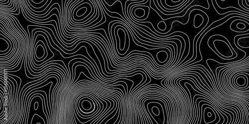abstract topographic map with white contour lines  and black background depicting abstract terrain and elevation patterns.