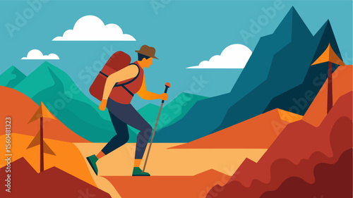 A hiker navigating through a rugged terrain proving to themselves and others their natural endurance and strength.. Vector illustration