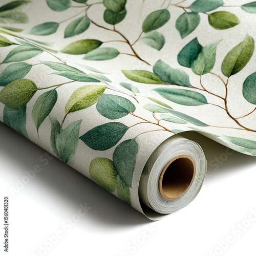 Leaf-patterned wallpaper roll with a natural aesthetic.
