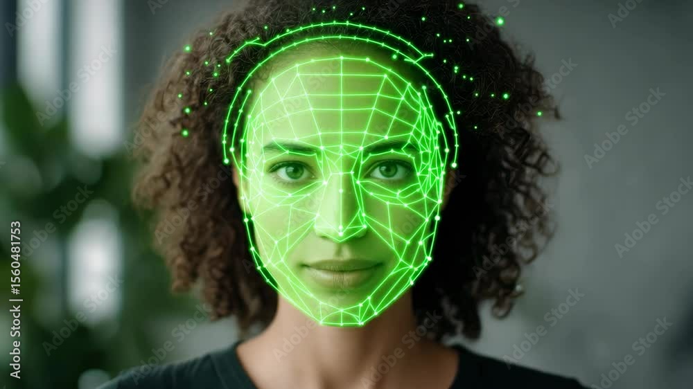 A digital representation of a woman's face using green geometric patterns, showcasing advances in facial recognition technology.