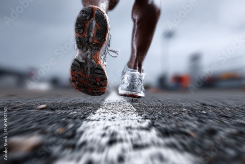 Close-up of feet of a runner in motion on a wet asphalt surface, showcasing dynamic energy and athletic pursuit in cloudy weather