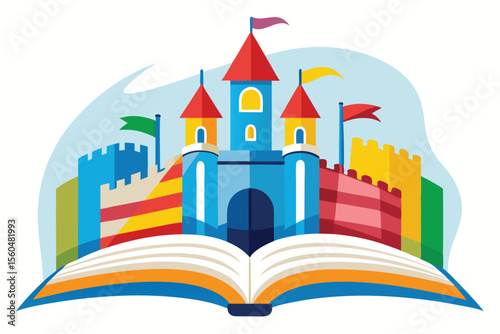 A vibrant cartoon fairy tale castle vector illustration features a fantasy building with towers, windows, and a flag against a sky, perfect for a child's design