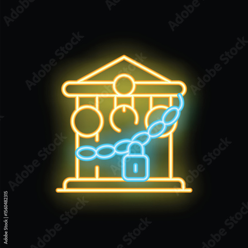 Neon sign of a government building wrapped in chains and secured by a padlock, representing government shutdown or lockdown