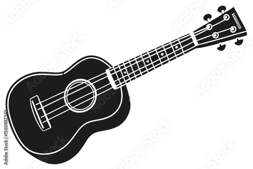 A stark black silhouette of a ukulele against a clean white background. The ukulele is positioned diagonally, with the headstock angled towards the upper right. The distinctive silhouette style highli