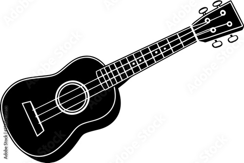 A stark black silhouette of a ukulele against a clean white background. The ukulele is positioned diagonally, with the headstock angled towards the upper right. The distinctive silhouette style highli