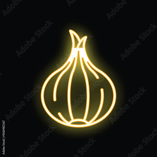 Yellow neon sign representing an onion glowing on black background