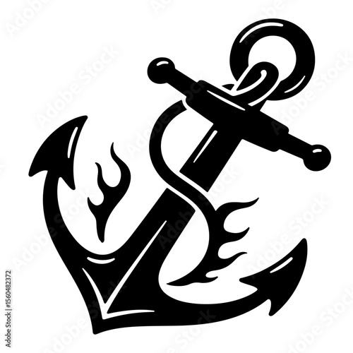 Black anchor illustration with decorative flames, design element
