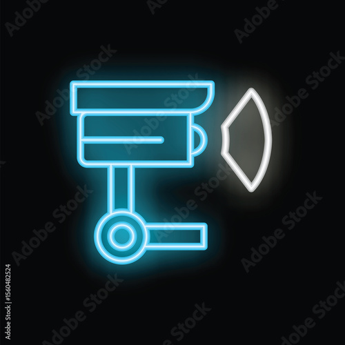 Blue neon icon of a cctv camera detecting motion with a white detection signal, on a dark background