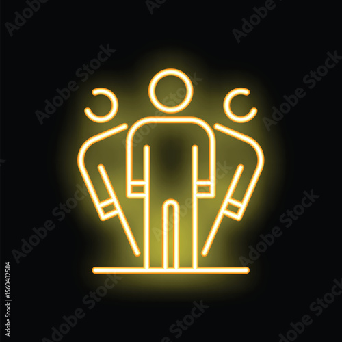 Yellow glowing neon icon of a business team standing together united, concept of teamwork and collaboration