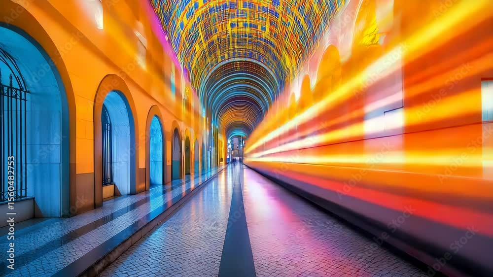 Futuristic subway station with motion blur train passing through vibrant tunnel vision