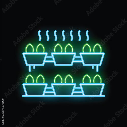 Neon sign representing a plant nursery growing plants in pots on shelves with steam coming out