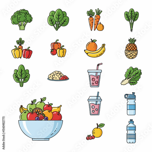 Collection of colorful, outlined icons depicting various healthy foods and drinks.