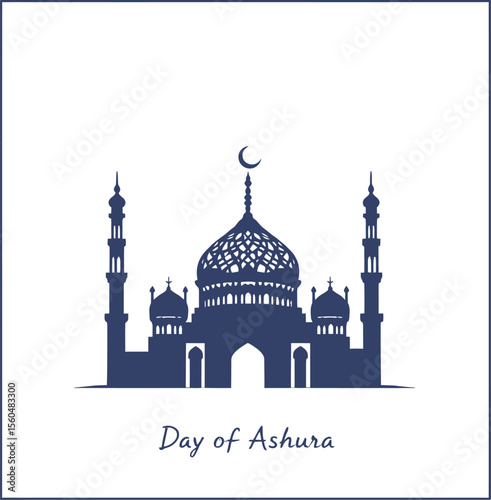 Ashura Mosque Silhouette with Crescent Moon and Text in Commemorative Islamic Design