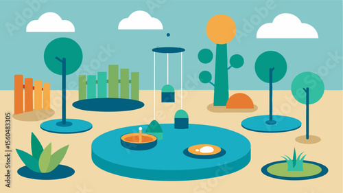 A sensory garden with interactive elements such as wind chimes stepping stones and water features promoting physical activity and spatial awareness for an elderly person.. Vector illustration