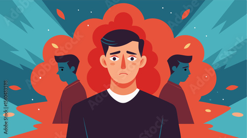 A man feels immense pressure to conform to strict gender roles leading him to suppress his true identity and authentic self. He becomes resentful and disconnected from his emotions. Vector