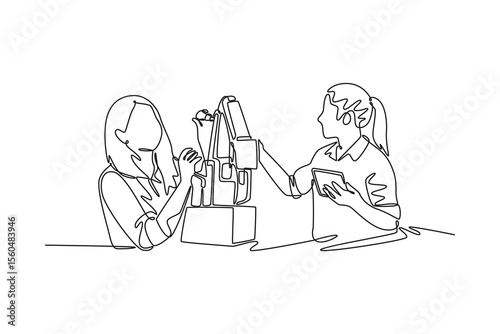 Girl attending lecture in college. University Student Life concept. Single line draw design. Vector graphic illustration
