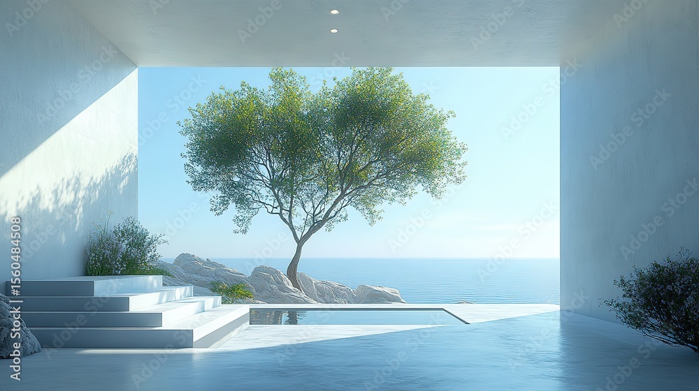 Fototapeta premium Modern Coastal Interior Design with Minimalist Aesthetics, Tree, Ocean View, and Natural Light
