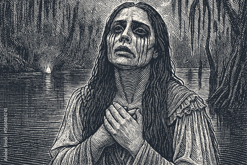 The ghost of La Llorona, the Weeping Woman of folklore, cries in a dark swamp. Vector illustration in a classic vintage woodcut or engraving style.