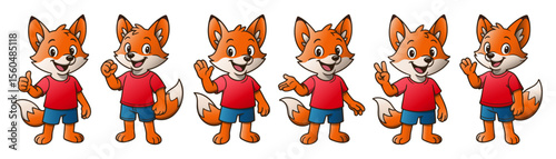 Set of cartoon fox mascots in red t-shirts and blue shorts. Cheerful standing poses with hand gestures including waving, thumbs up, and peace signs