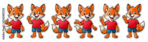 Collection of cheerful cartoon fox characters with outlined sticker style. Each wears a red shirt and blue shorts, posing with expressive gestures like waving, thumbs up, and peace sign