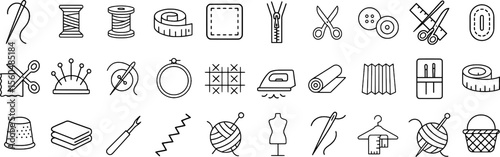 Sewing and Knitting Stroke Icon Collection. Featuring Thread, Needle, Yarn, Measuring Tape, Button, Scissors, and Craft Tools. Editable Outline Vector Set.