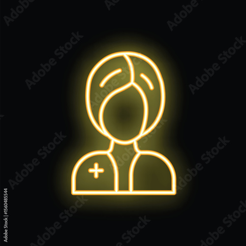 Glowing neon sign of a female medical professional wearing scrubs with a stethoscope around her neck