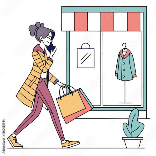 Woman walking with shopping bags talking on phone in front of a store with clothes on display window