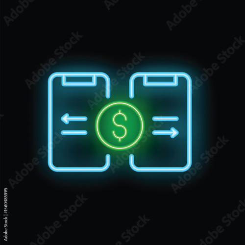 Neon sign of money transferring with two smartphones representing mobile banking and online payment