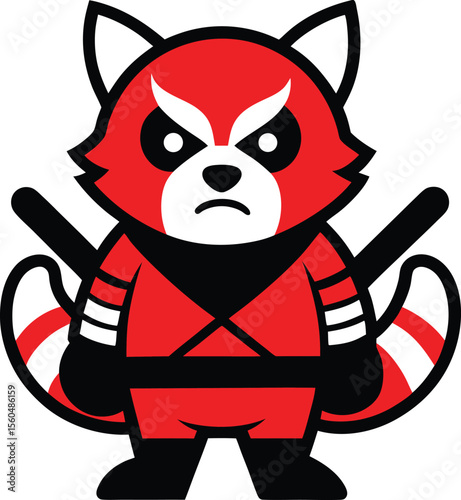 Cute red panda ninja holding sword cartoon vector icon