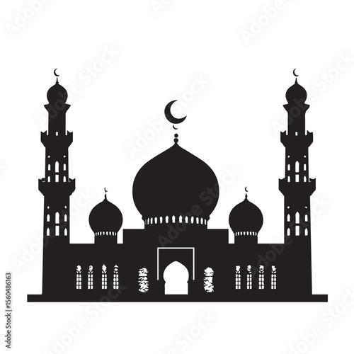 Vector art of a detailed black and white vector illustration of a mosque with crescent moons isolated on white background