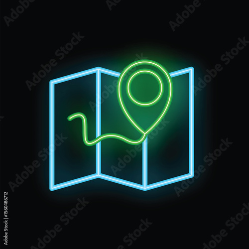 Bright neon location pin marking a travel destination on a map with a path leading to it