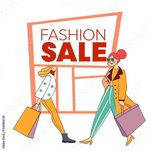 Two women with shopping bags in front of a fashion sale sign with a peach colored rectangular frame around it