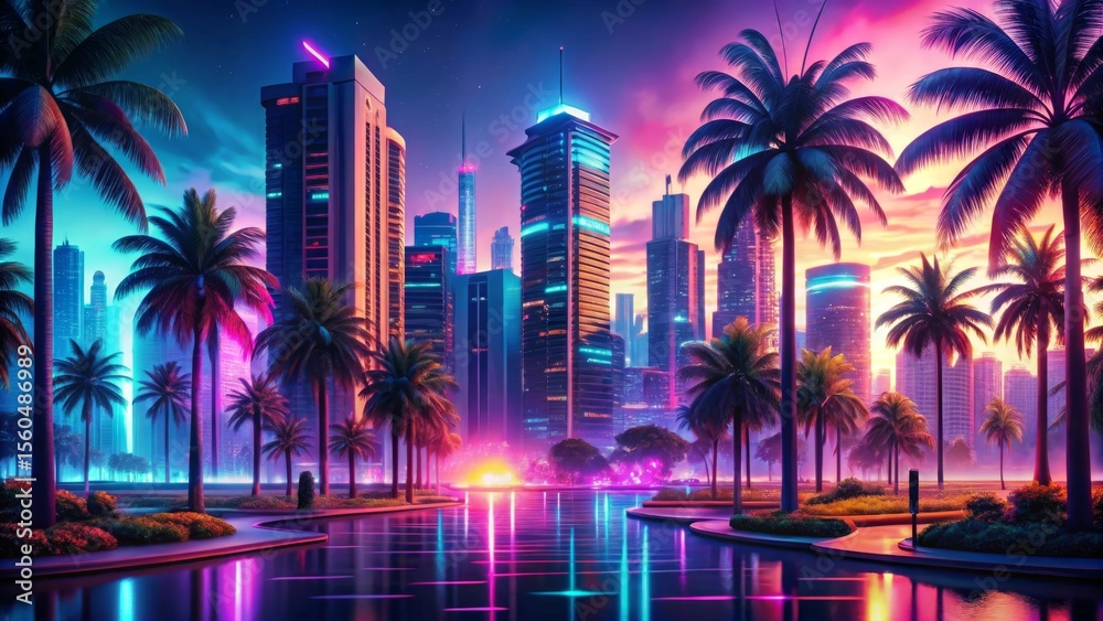 Obraz premium Neon Cityscape Park with Palm Trees at Sunset