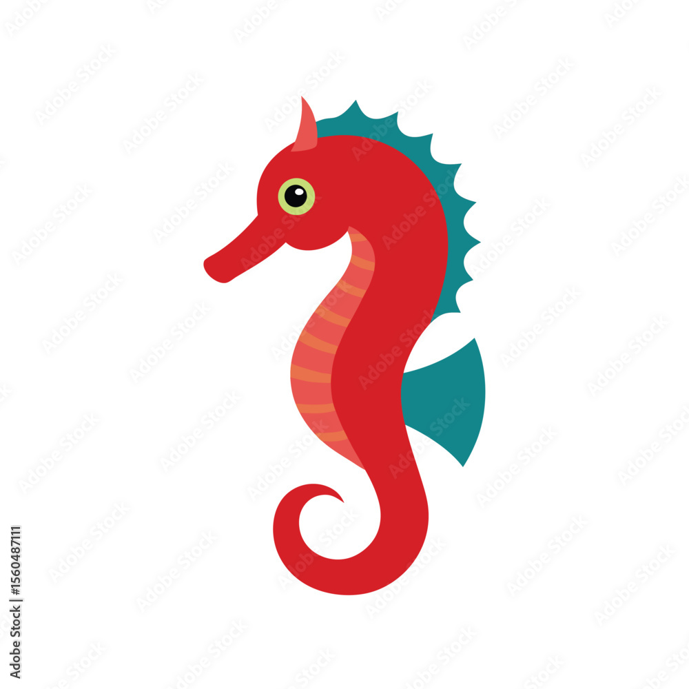 Cute cartoon red seahorse with green eye and blue fins on white background Cute cartoon red seahorse with green eye and blue fins on white background