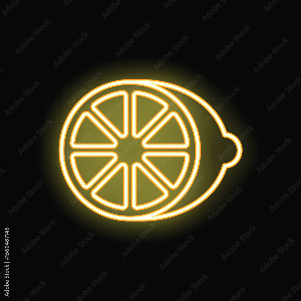 Bright yellow neon sign in the shape of a lemon slice is glowing on a black background Bright yellow neon sign in the shape of a lemon slice is glowing on a black background