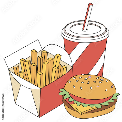 Illustration of a burger with sesame seeds, french fries in a box, and a striped soda cup with straw