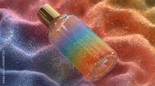 Glass bottle with iridescent effect lying on light pink surface with water droplets, showcasing product packaging and luminous reflections