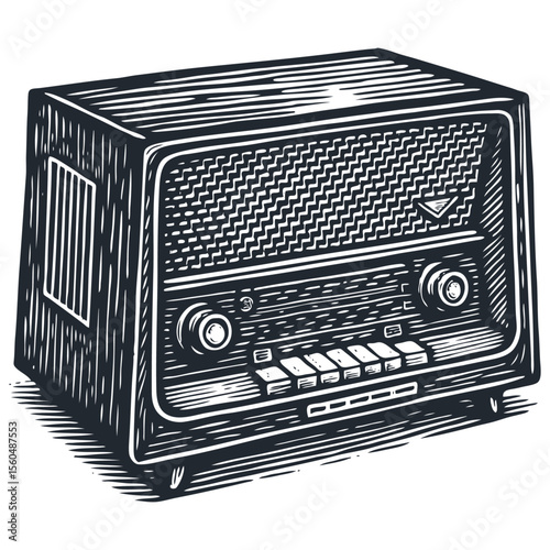 A classic vintage radio receiver. Old broadcasting equipment for music and news. Vector illustration in a retro woodcut or engraving print style.