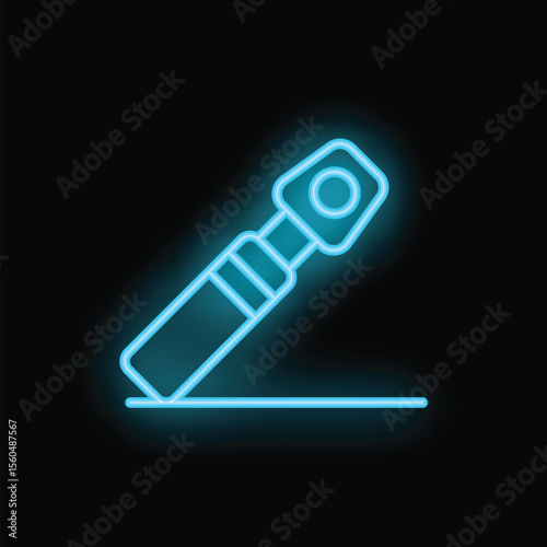 Blue neon sign icon of a medical otoscope shining light, simple healthcare symbol on black background