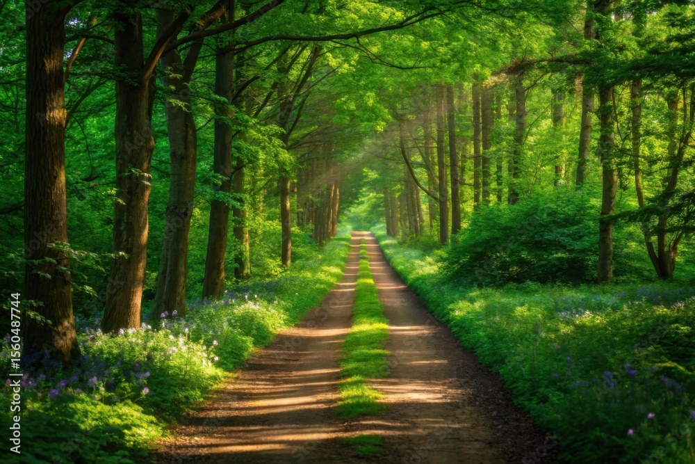 Fototapeta premium Serene Forest Path with Lush Green Foliage and Sunlight Rays